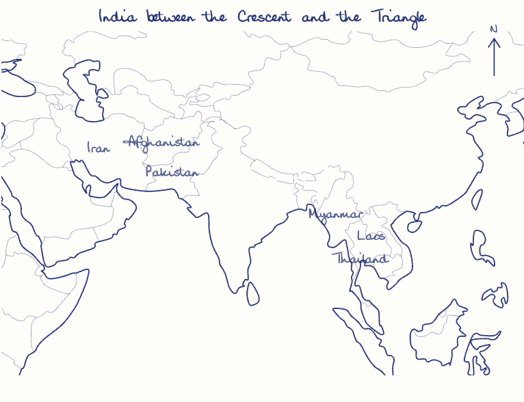 Hand-drawn map: India between the Crescent and the Triangle. Marked: .