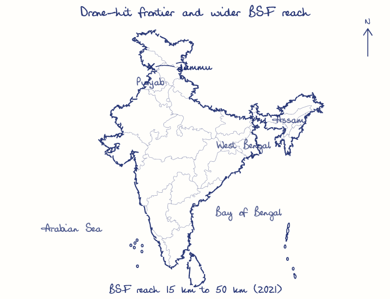 Hand-drawn map: Drone-hit frontier and wider BSF reach. Marked: Jammu.