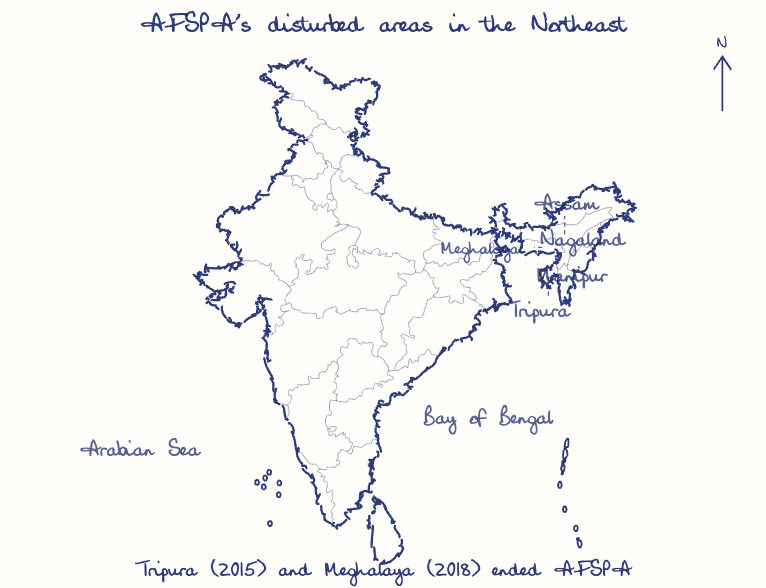Hand-drawn map: AFSPA's disturbed areas in the Northeast. Marked: .