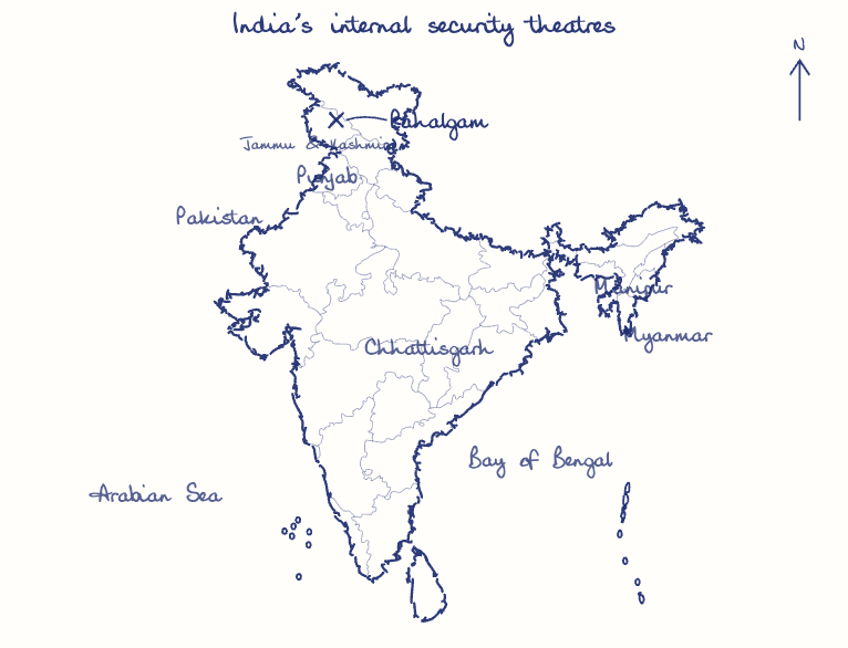 Hand-drawn map: India's internal security theatres. Marked: Pahalgam.