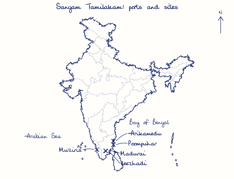 Hand-drawn map: Sangam Tamilakam: ports and sites. Marked: Poompuhar, Muziris, Arikamedu, Keezhadi, Madurai.