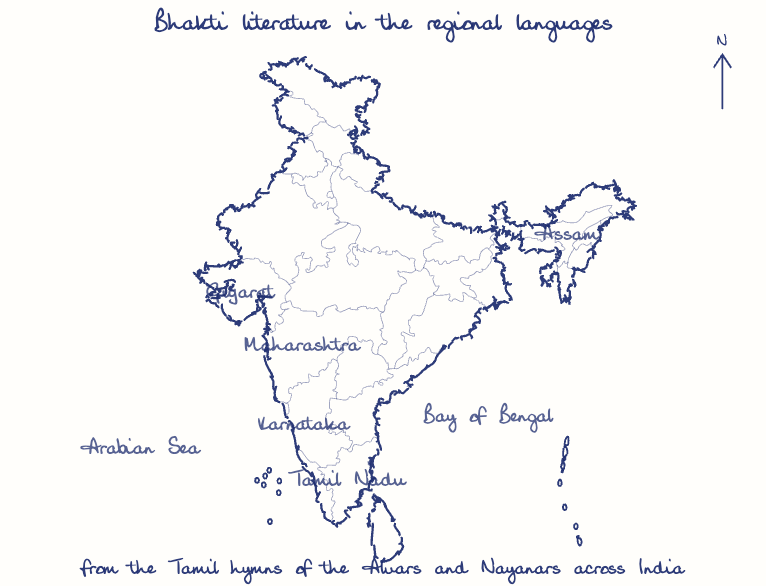 Hand-drawn map: Bhakti literature in the regional languages. Marked: .