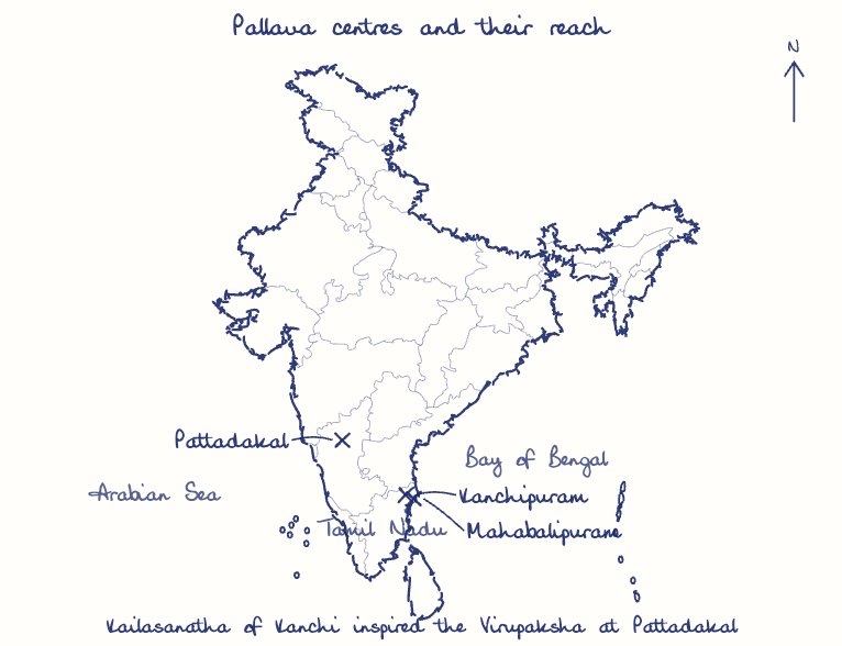 Hand-drawn map: Pallava centres and their reach. Marked: Kanchipuram, Mahabalipuram, Pattadakal.