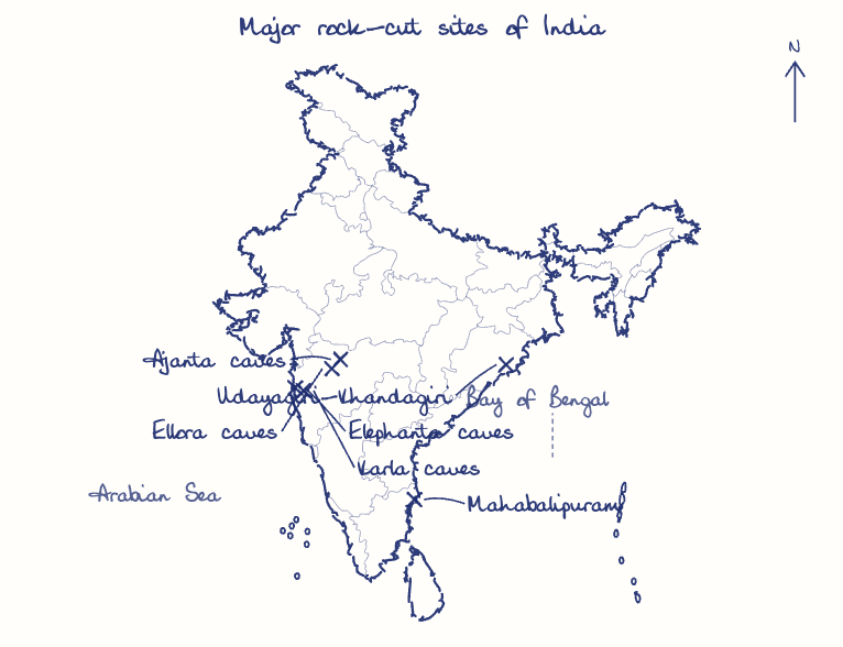 Hand-drawn map: Major rock-cut sites of India. Marked: Ajanta caves, Ellora caves, Elephanta caves, Karla caves, Udayagiri-Khandagiri, Mahabalipuram.