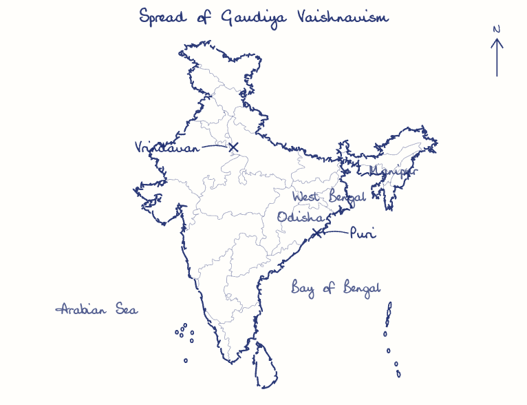 Hand-drawn map: Spread of Gaudiya Vaishnavism. Marked: Puri, Vrindavan.