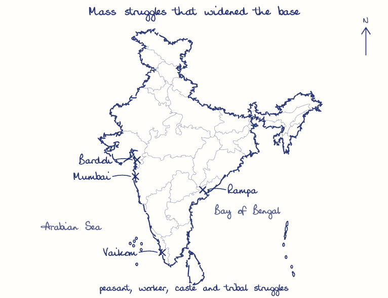 Hand-drawn map: Mass struggles that widened the base. Marked: Bardoli, Mumbai, Vaikom, Rampa.