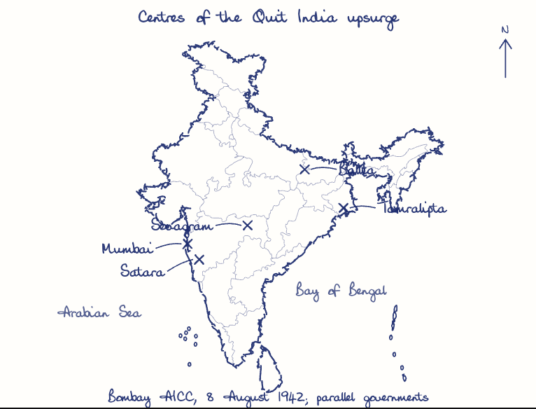 Hand-drawn diagram: Road to Quit India. Road to Quit India. Flow: War declared 1939 → Ministries resign → Cripps fails 1942 → Japan at border → Do or Die