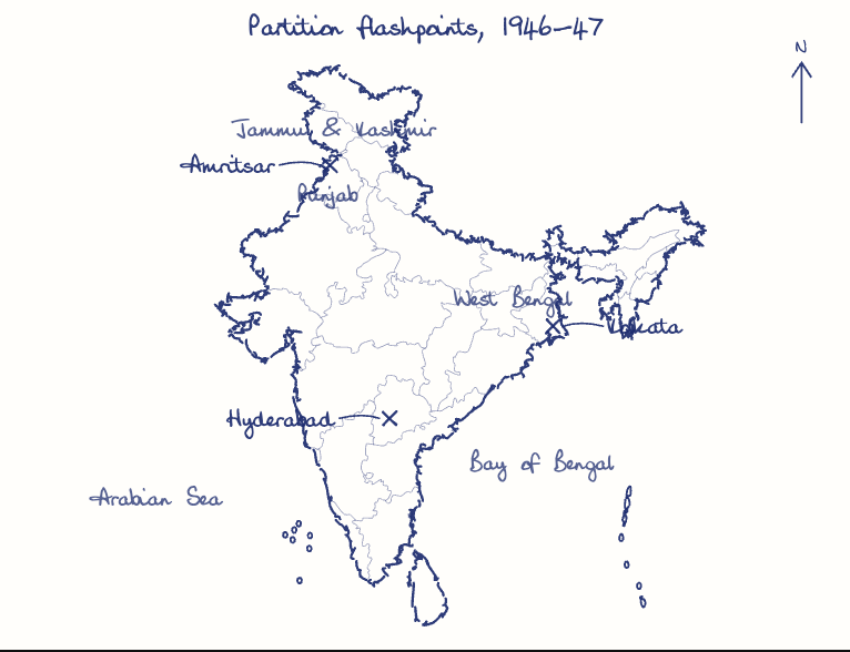 Hand-drawn map: Partition flashpoints, 1946-47. Marked: Kolkata, Hyderabad, Amritsar.