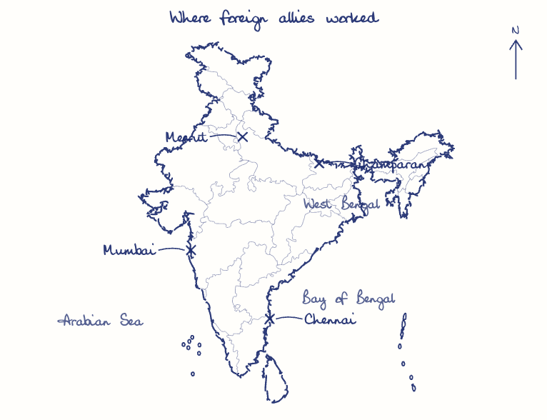 Hand-drawn map: Where foreign allies worked. Marked: Chennai, Mumbai, Meerut, Champaran.