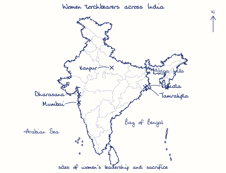 Hand-drawn map: Women torchbearers across India. Marked: Tamralipta, Dharasana, Kolkata, Kanpur, Mumbai.