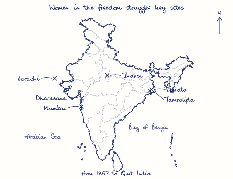 Hand-drawn map: Women in the freedom struggle: key sites. Marked: Jhansi, Kolkata, Dharasana, Mumbai, Tamralipta, Karachi.