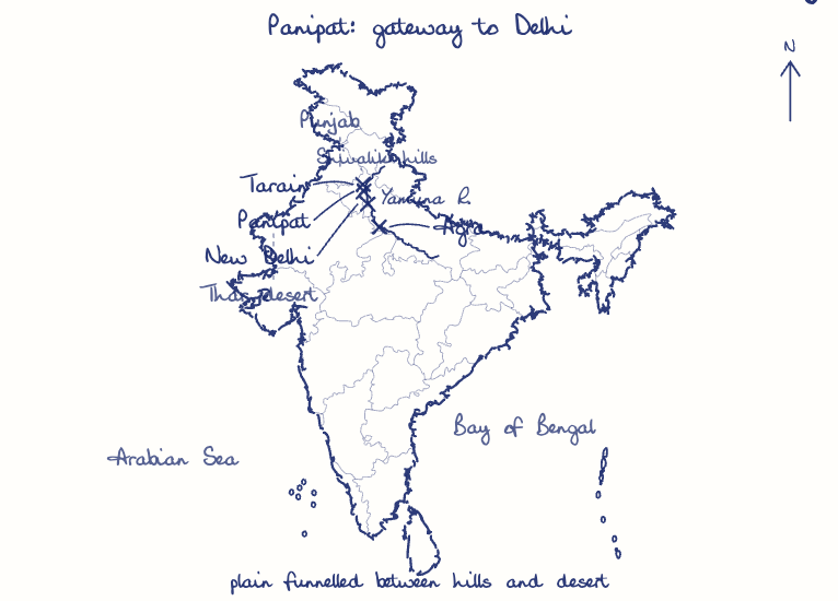 Hand-drawn map: Panipat: gateway to Delhi. Marked: Panipat, Tarain, New Delhi, Agra. Rivers: Yamuna.