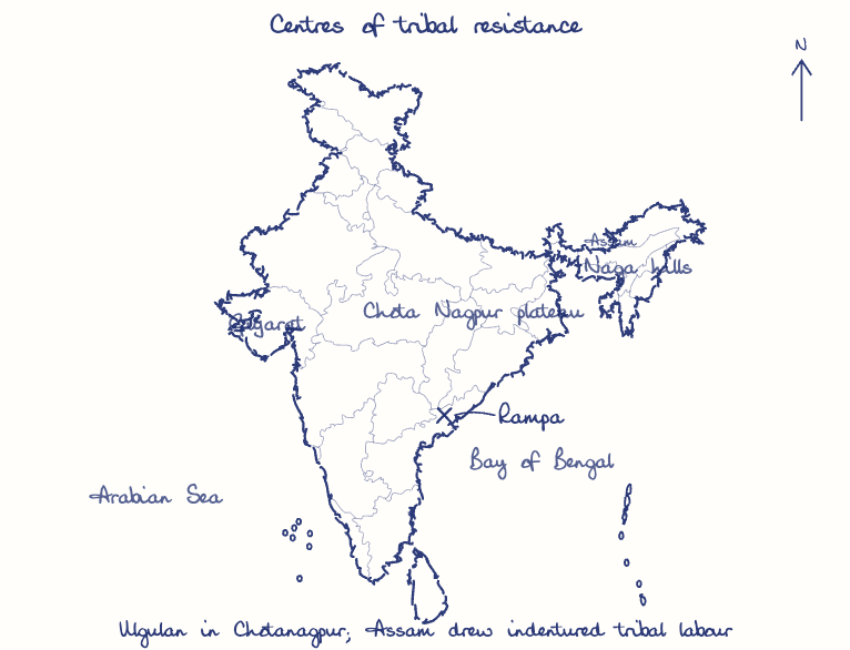 Hand-drawn map: Centres of tribal resistance. Marked: Rampa.