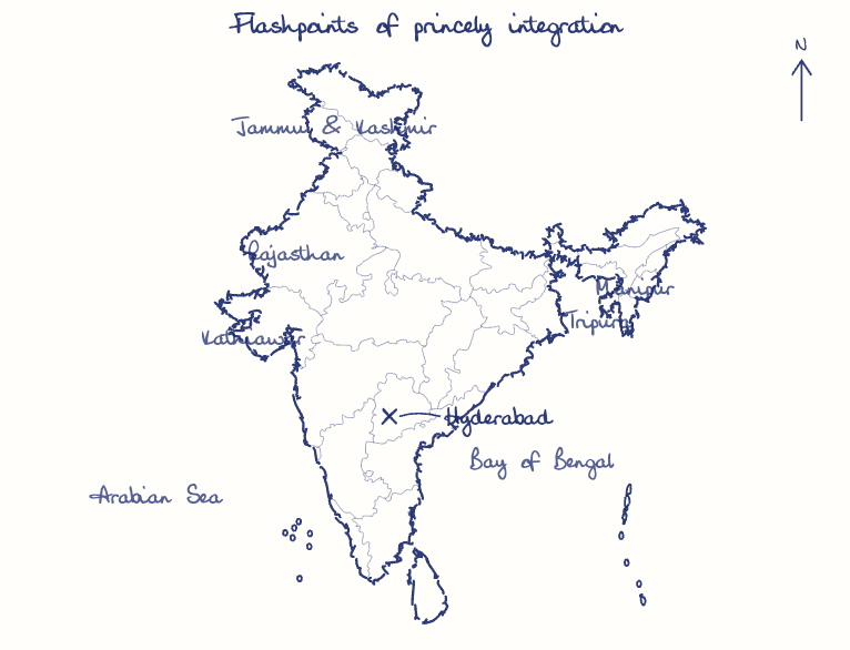 Hand-drawn map: Flashpoints of princely integration. Marked: Hyderabad.