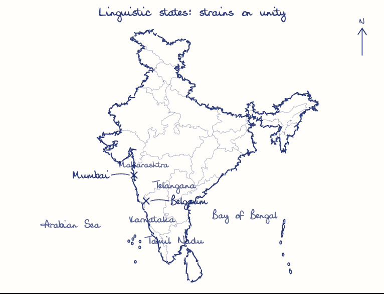 Hand-drawn map: Linguistic states: strains on unity. Marked: Belgaum, Mumbai.