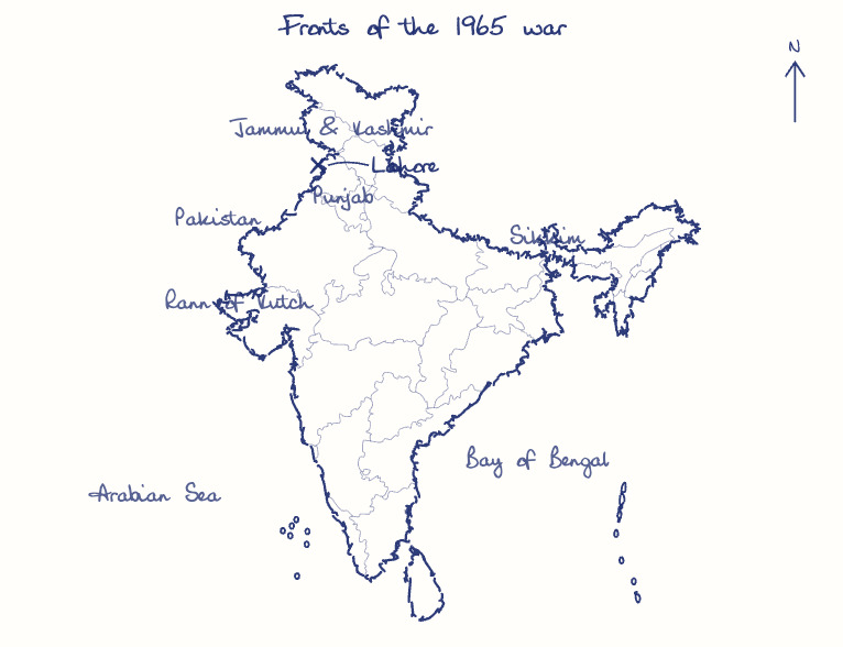 Hand-drawn map: Fronts of the 1965 war. Marked: Lahore.