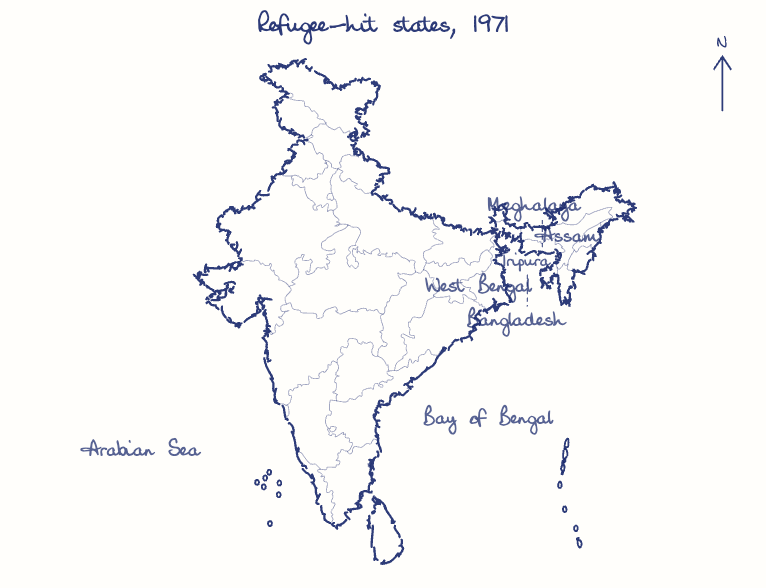 Hand-drawn map: Refugee-hit states, 1971. Marked: .