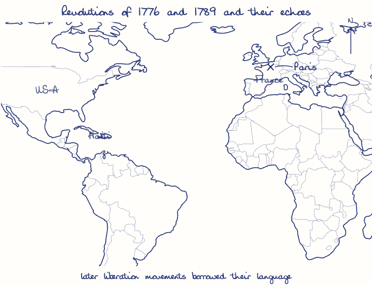 Hand-drawn map: Revolutions of 1776 and 1789 and their echoes. Marked: Paris.