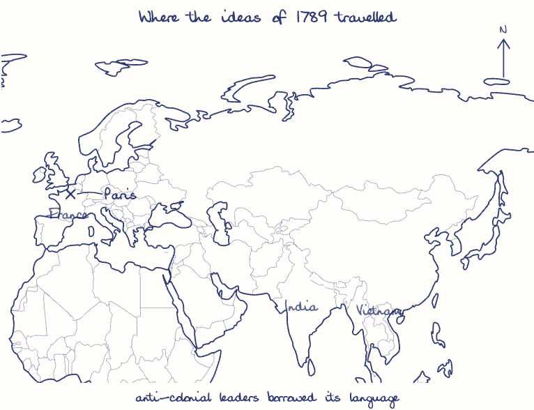 Hand-drawn map: Where the ideas of 1789 travelled. Marked: Paris.