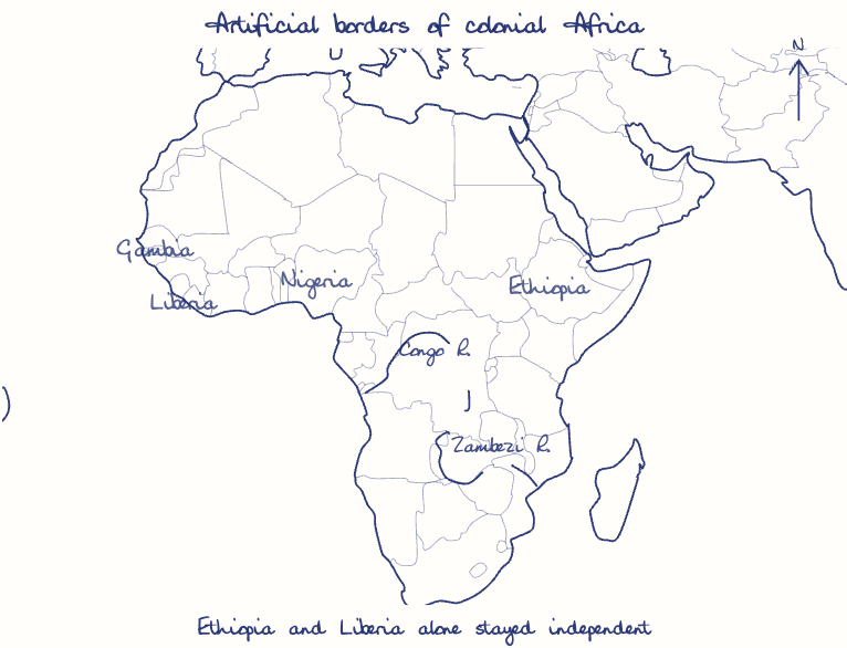 Hand-drawn map: Artificial borders of colonial Africa. Marked: . Rivers: Congo, Zambezi.