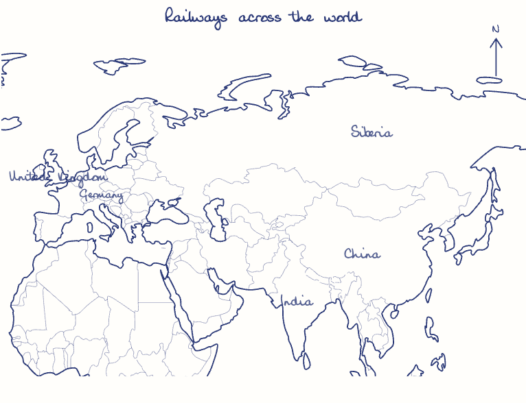 Hand-drawn map: Railways across the world. Marked: .