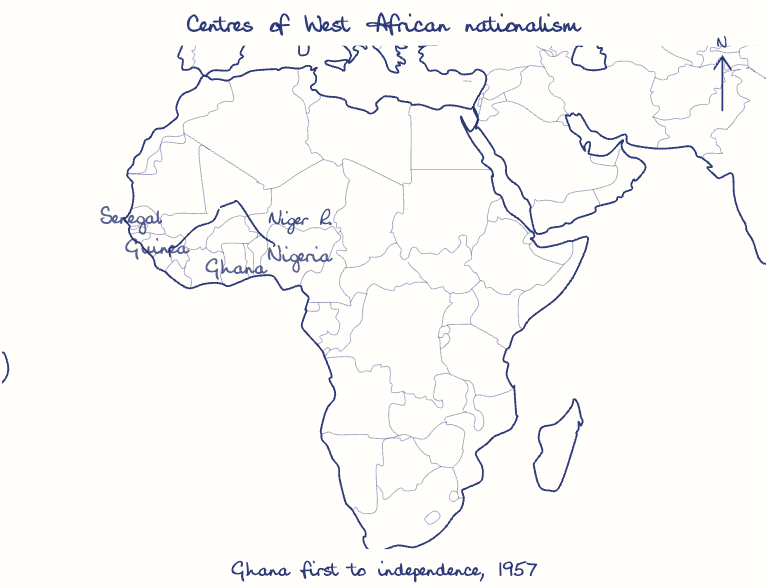 Hand-drawn map: Centres of West African nationalism. Marked: . Rivers: Niger.