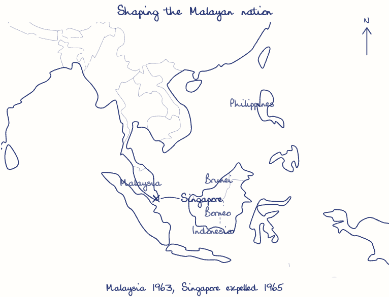 Hand-drawn map: Shaping the Malayan nation. Marked: Singapore.