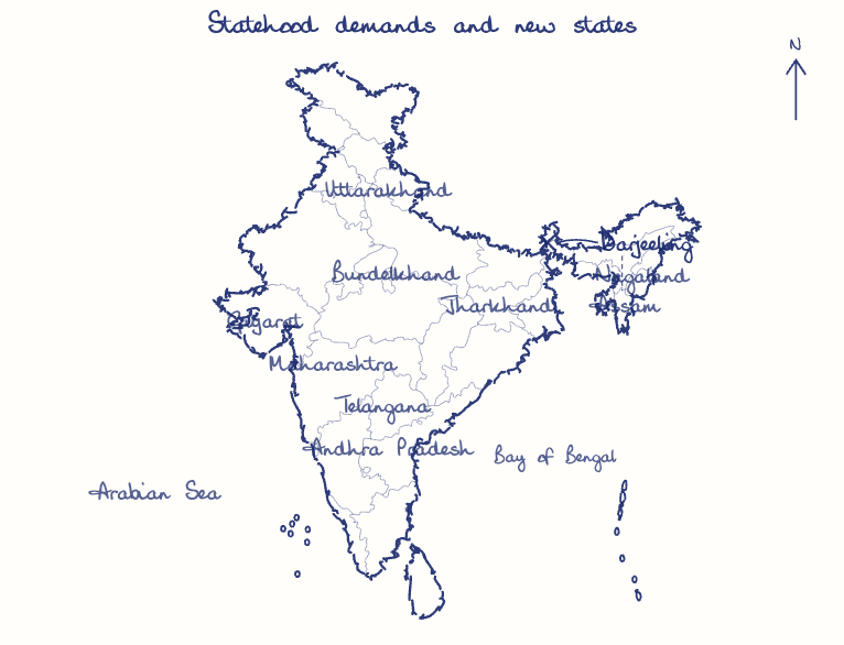 Hand-drawn map: Statehood demands and new states. Marked: Darjeeling.