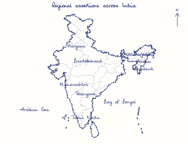Hand-drawn map: Regional assertions across India. Marked: Darjeeling.