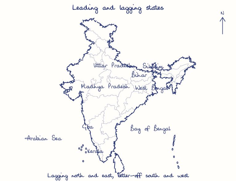 Hand-drawn map: Leading and lagging states. Marked: .