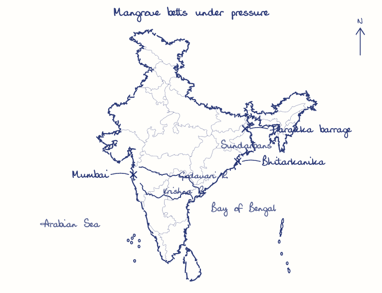 Hand-drawn map: Mangrove belts under pressure. Marked: Farakka barrage, Bhitarkanika, Mumbai. Rivers: Godavari, Krishna.