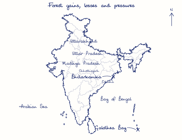 Hand-drawn map: Forest gains, losses and pressures. Marked: Galathea Bay, Bhitarkanika.