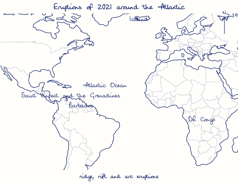 Hand-drawn map: Eruptions of 2021 around the Atlantic. Marked: .
