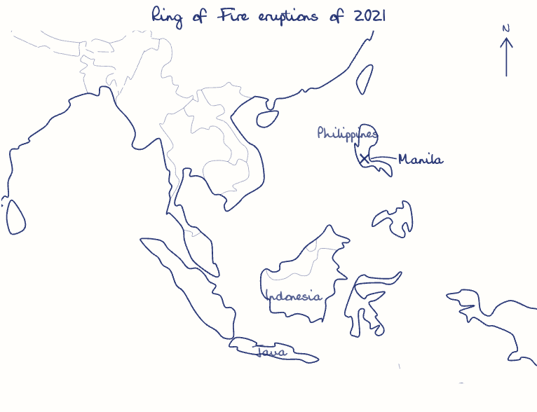Hand-drawn map: Ring of Fire eruptions of 2021. Marked: Manila.