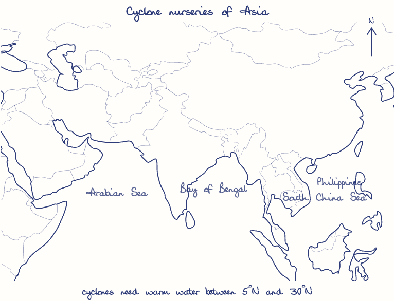Hand-drawn map: Cyclone nurseries of Asia. Marked: .