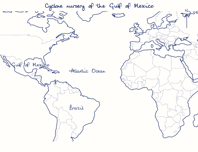 Hand-drawn map: Cyclone nursery of the Gulf of Mexico. Marked: .