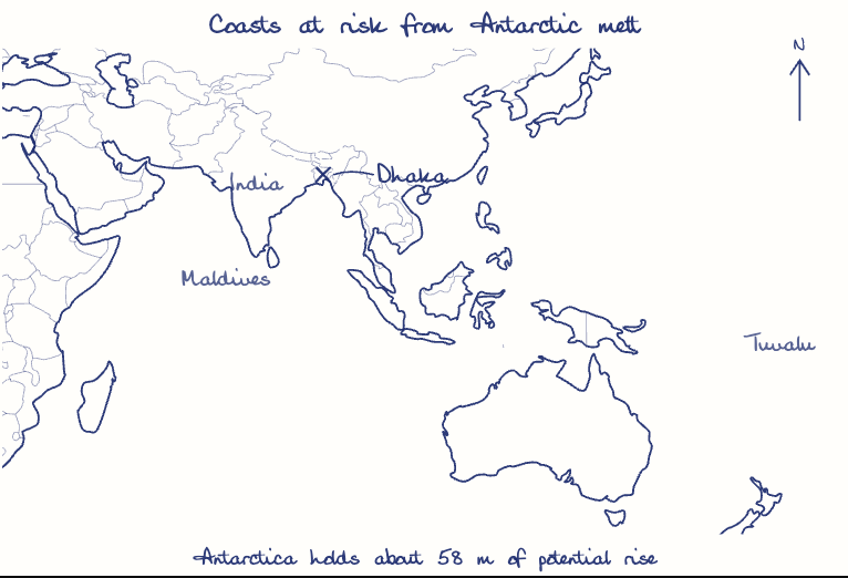 Hand-drawn map: Coasts at risk from Antarctic melt. Marked: Dhaka.
