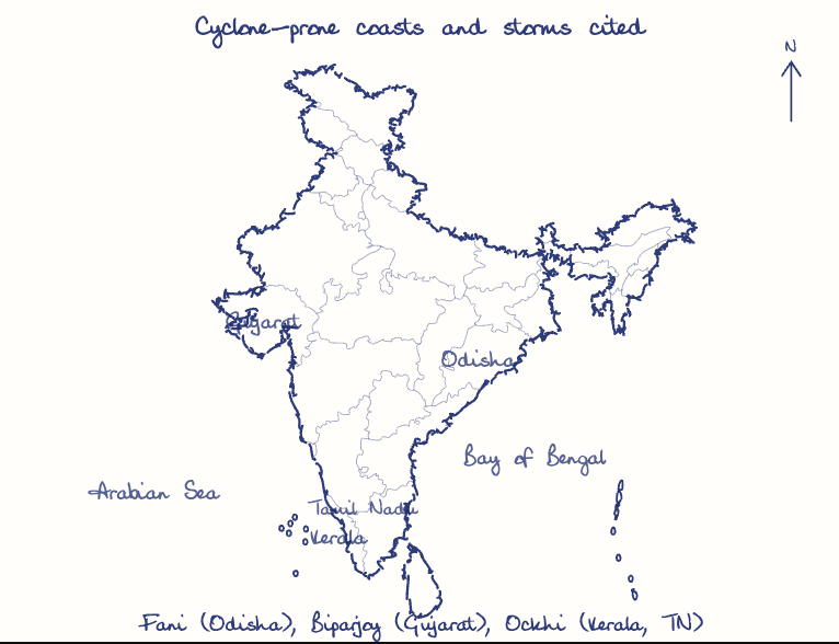 Hand-drawn map: Cyclone-prone coasts and storms cited. Marked: .