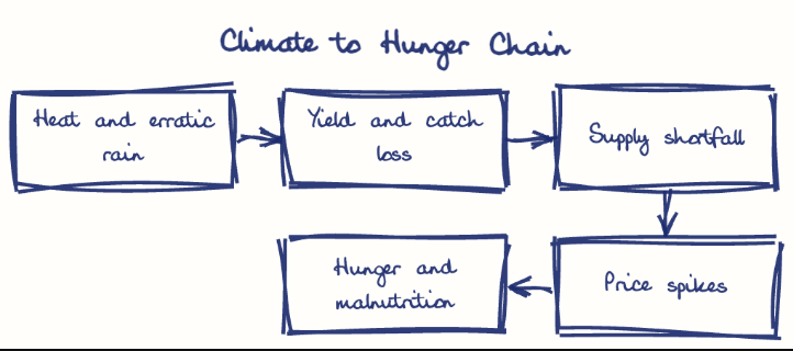 Hand-drawn diagram: Climate to Hunger Chain. Climate to Hunger Chain. Flow: Heat and erratic rain → Yield and catch loss → Supply shortfall → Price spikes → Hunger and malnutrition