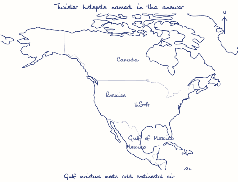 Hand-drawn map: Twister hotspots named in the answer. Marked: .