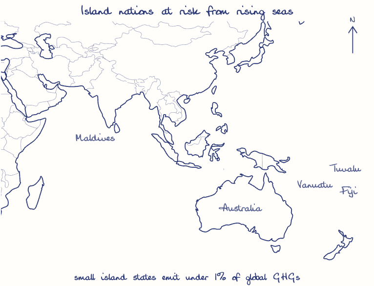 Hand-drawn map: Island nations at risk from rising seas. Marked: .