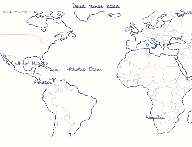 Hand-drawn map: Dead zones cited. Marked: .