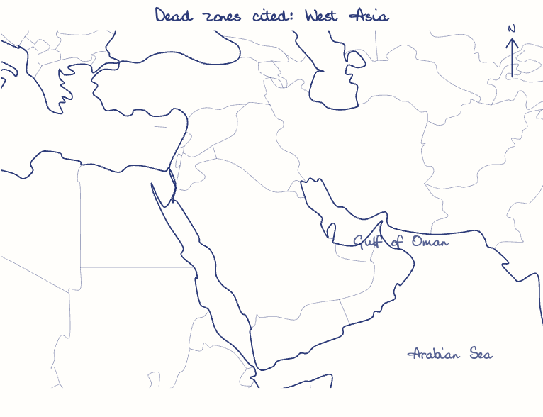 Hand-drawn map: Dead zones cited: West Asia. Marked: .