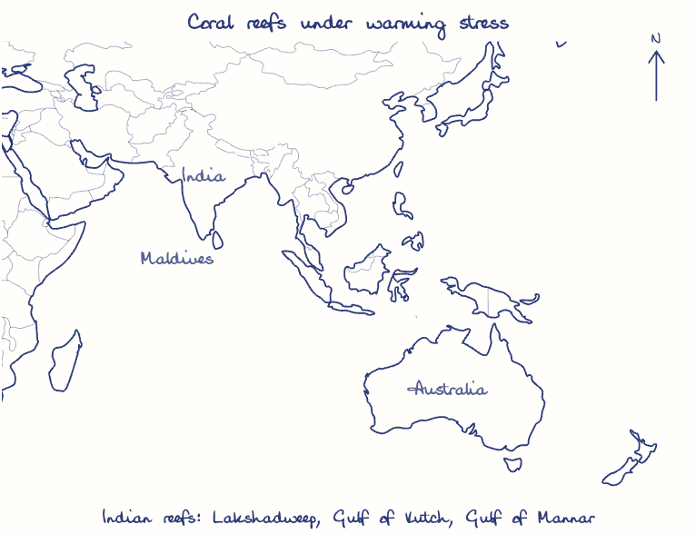 Hand-drawn map: Coral reefs under warming stress. Marked: .