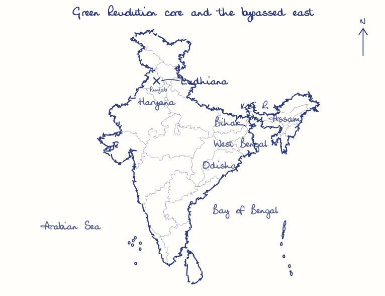 Hand-drawn map: Green Revolution core and the bypassed east. Marked: Ludhiana. Rivers: Kosi.
