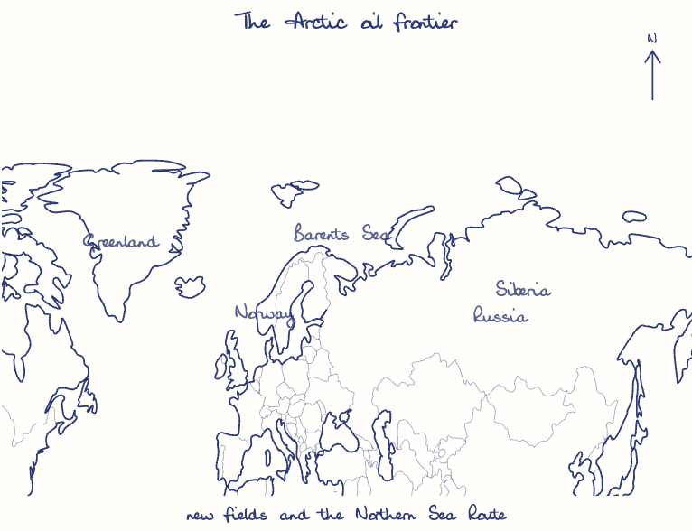 Hand-drawn map: The Arctic oil frontier. Marked: .