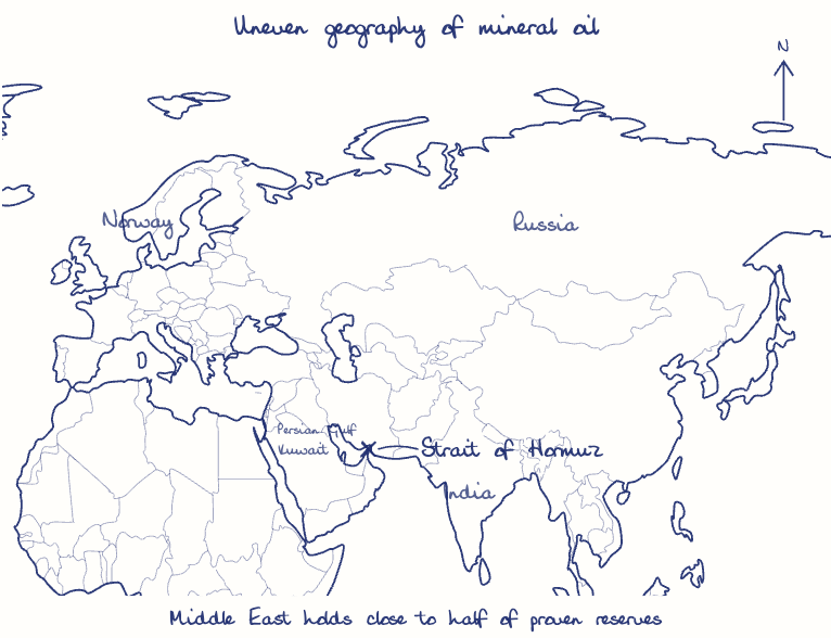 Hand-drawn map: Uneven geography of mineral oil. Marked: Strait of Hormuz.