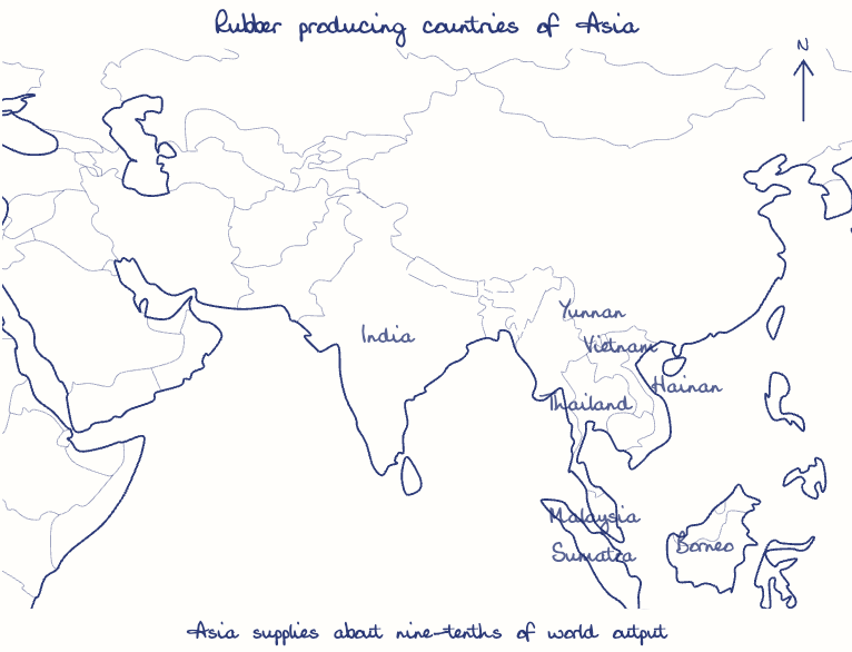 Hand-drawn map: Rubber producing countries of Asia. Marked: .