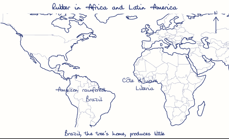 Hand-drawn map: Rubber in Africa and Latin America. Marked: .