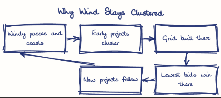Hand-drawn diagram: Why Wind Stays Clustered. Why Wind Stays Clustered. Flow: Windy passes and coasts → Early projects cluster → Grid built there → Lowest bids win there → New projects follow → (back to start)